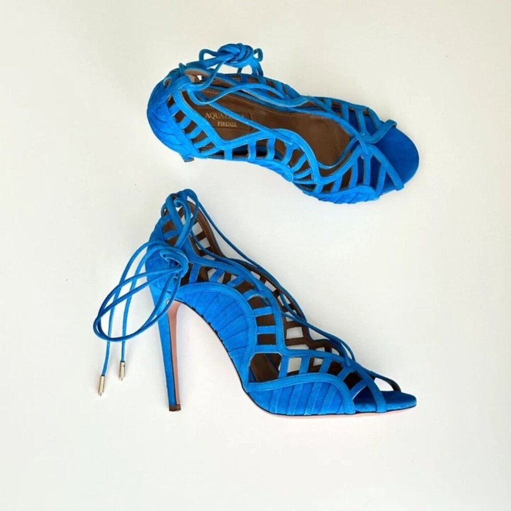 AQUAZZURA Blue Suede Scalloped Cutout Ankle Wrap Sandals Heels Size 38.5 - Picture 2 of 11